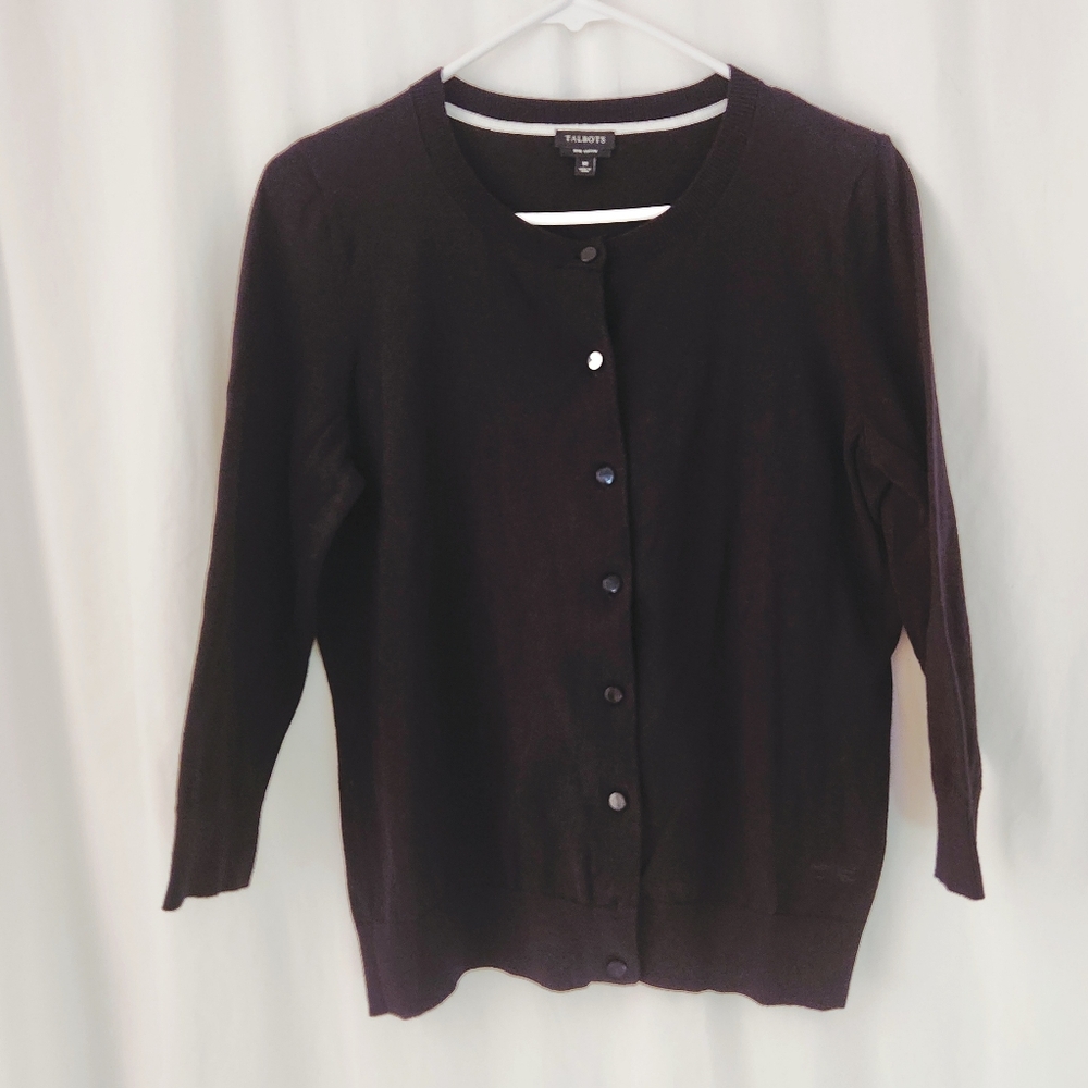 Talbots NWOT Classic Pima Cotton Black Cardigan Buttoned 3/4 Sleeve Size Medium